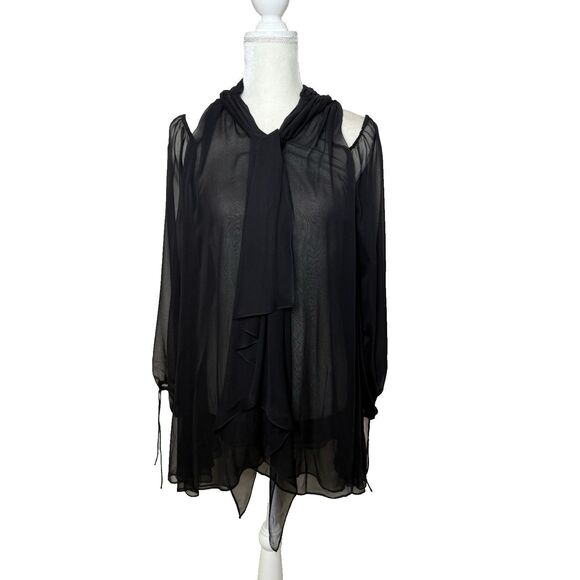 THOMAS WYLDE Black Sheer Blouse Top Balloon Sleeves Cold Shoulder High Neck - Picture 1 of 9